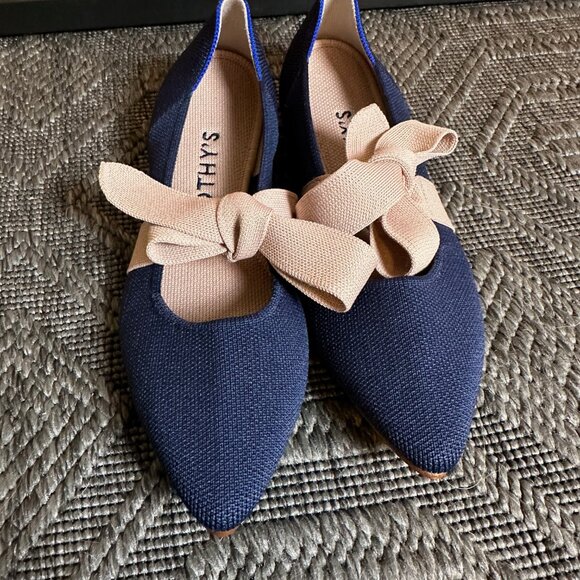 Rothy's Navy Flats with Beige Bow - Picture 2 of 5